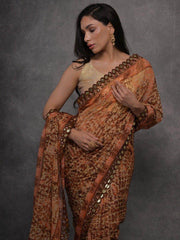 Dazzling Brown Digital Printed Georgette Event Wear Saree With Blouse