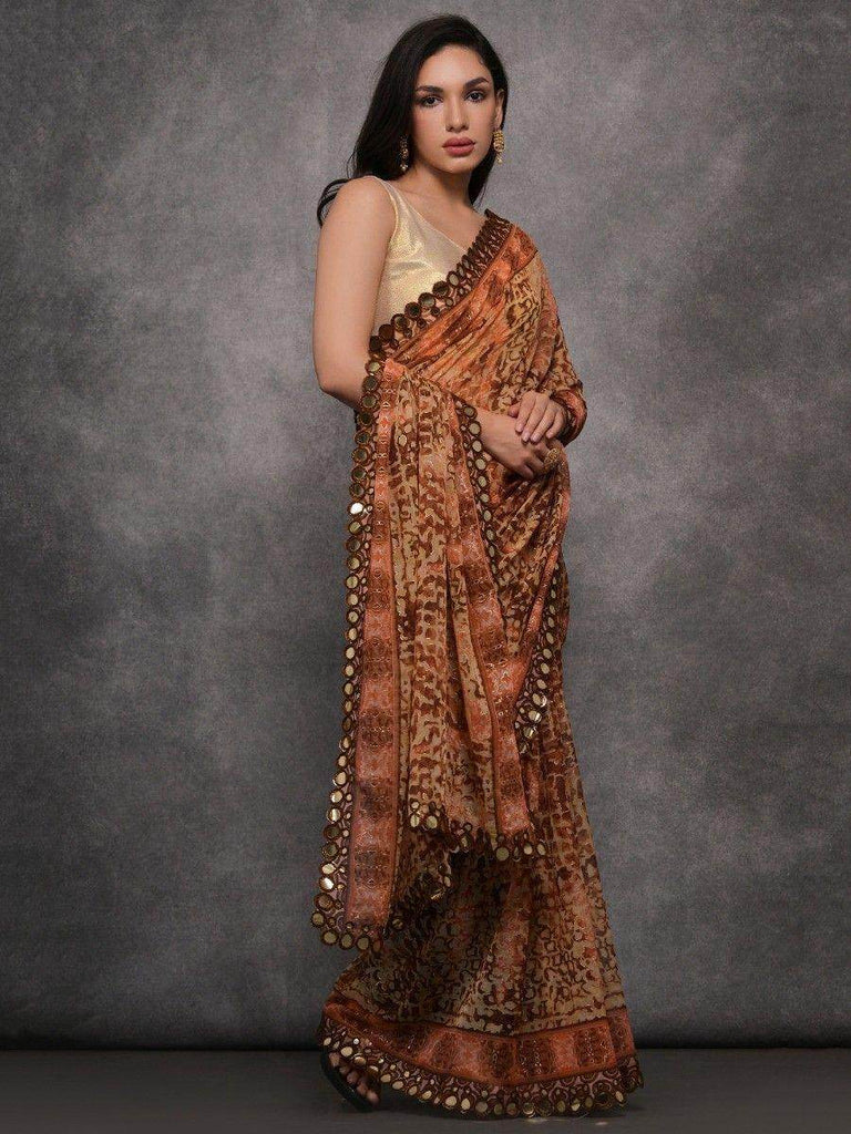 Dazzling Brown Digital Printed Georgette Event Wear Saree With Blouse