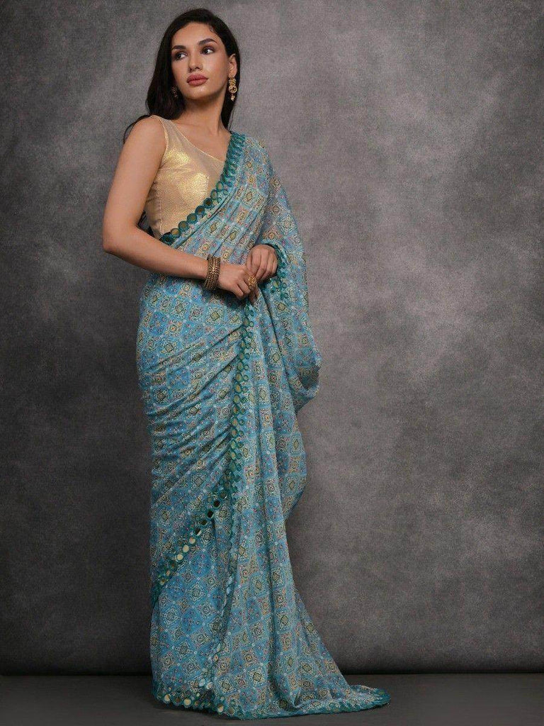 Delightful Sky-Blue Digital Printed Georgette Saree With Blouse