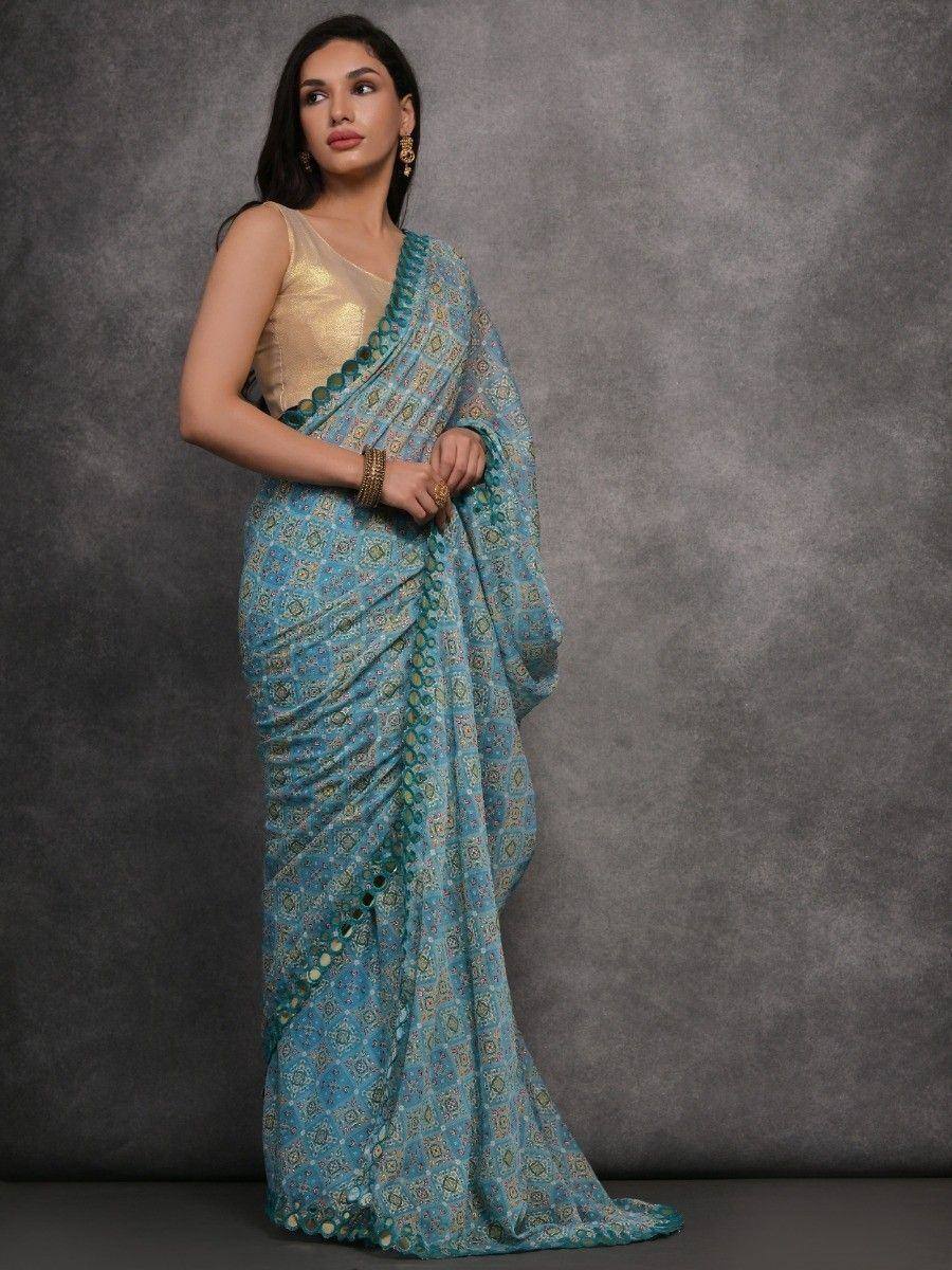 Blue printed saree with gold blouse, ethnic Indian wear for women
