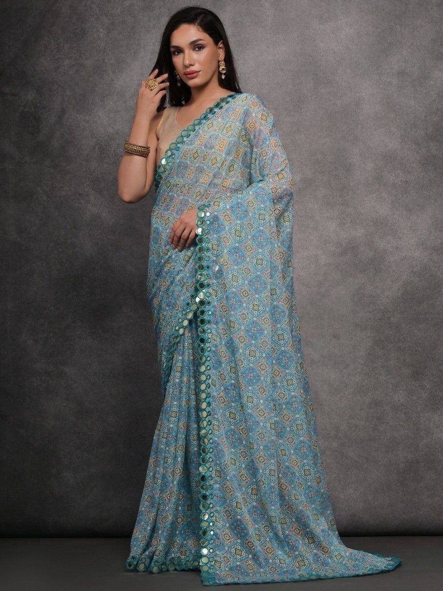 Blue printed saree with mirror work, ethnic Indian wear for women