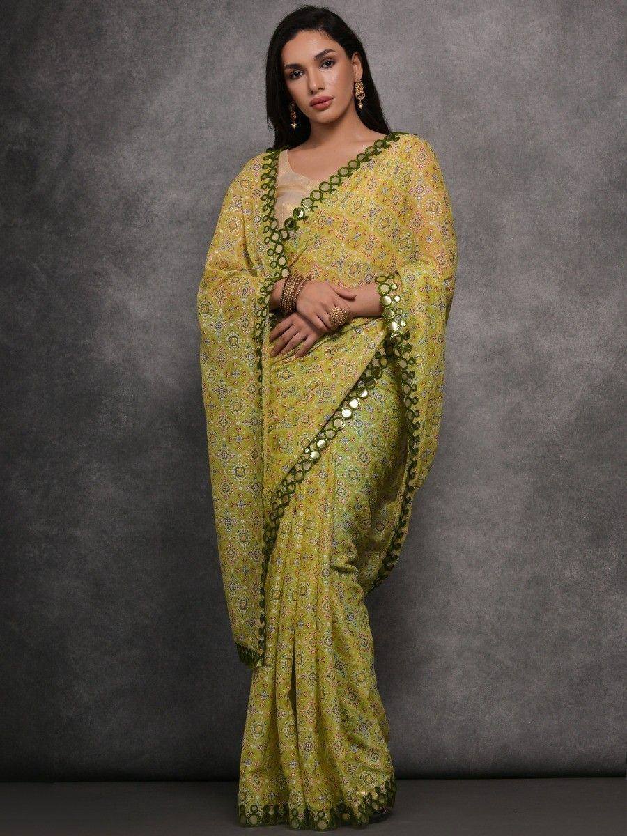 Yellow printed saree with green mirror work, ethnic Indian wear for women
