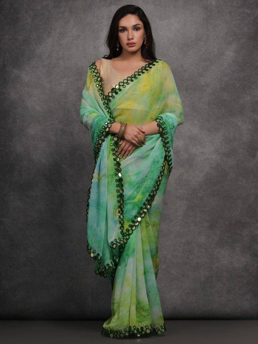 Green tie-dye saree with mirror work border, Indian ethnic wear for women