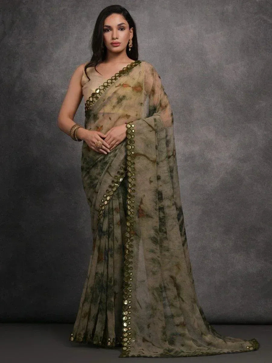 Elegant olive green saree with gold coin embroidery, perfect for Indian ethnic occasions