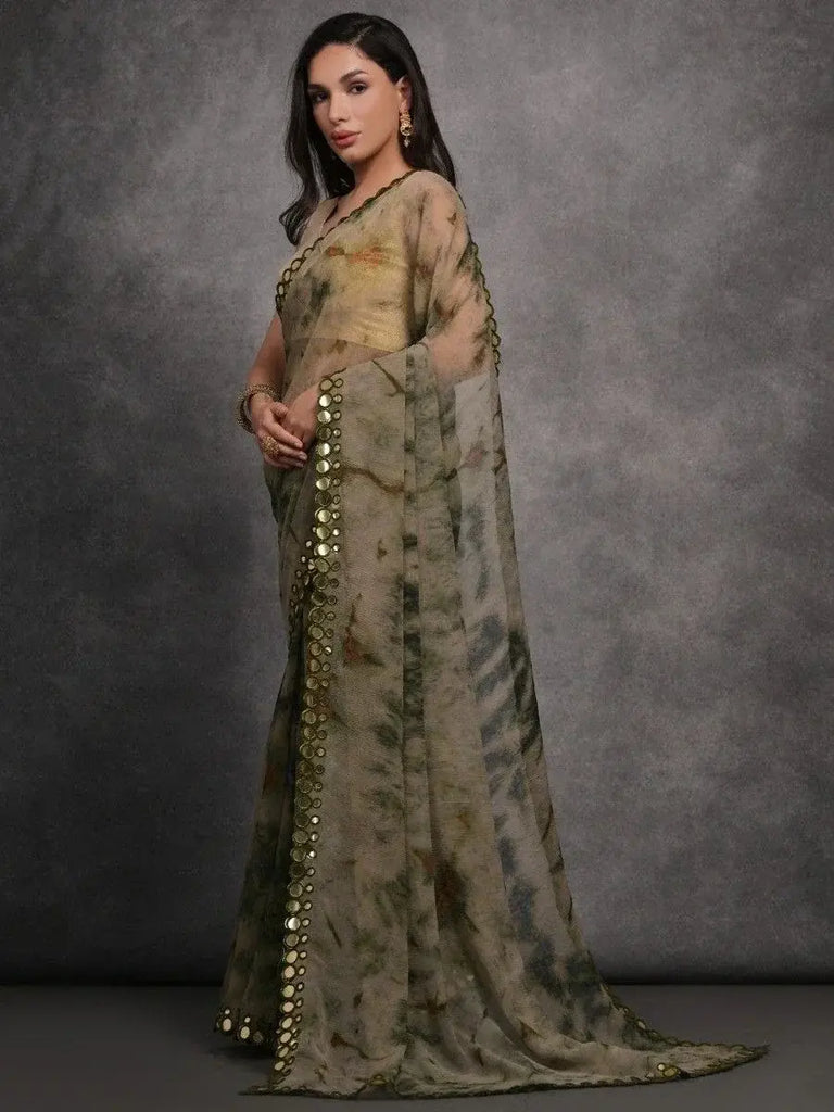 Captivating Olive Green Shibori Printed Georgette Saree With Blouse