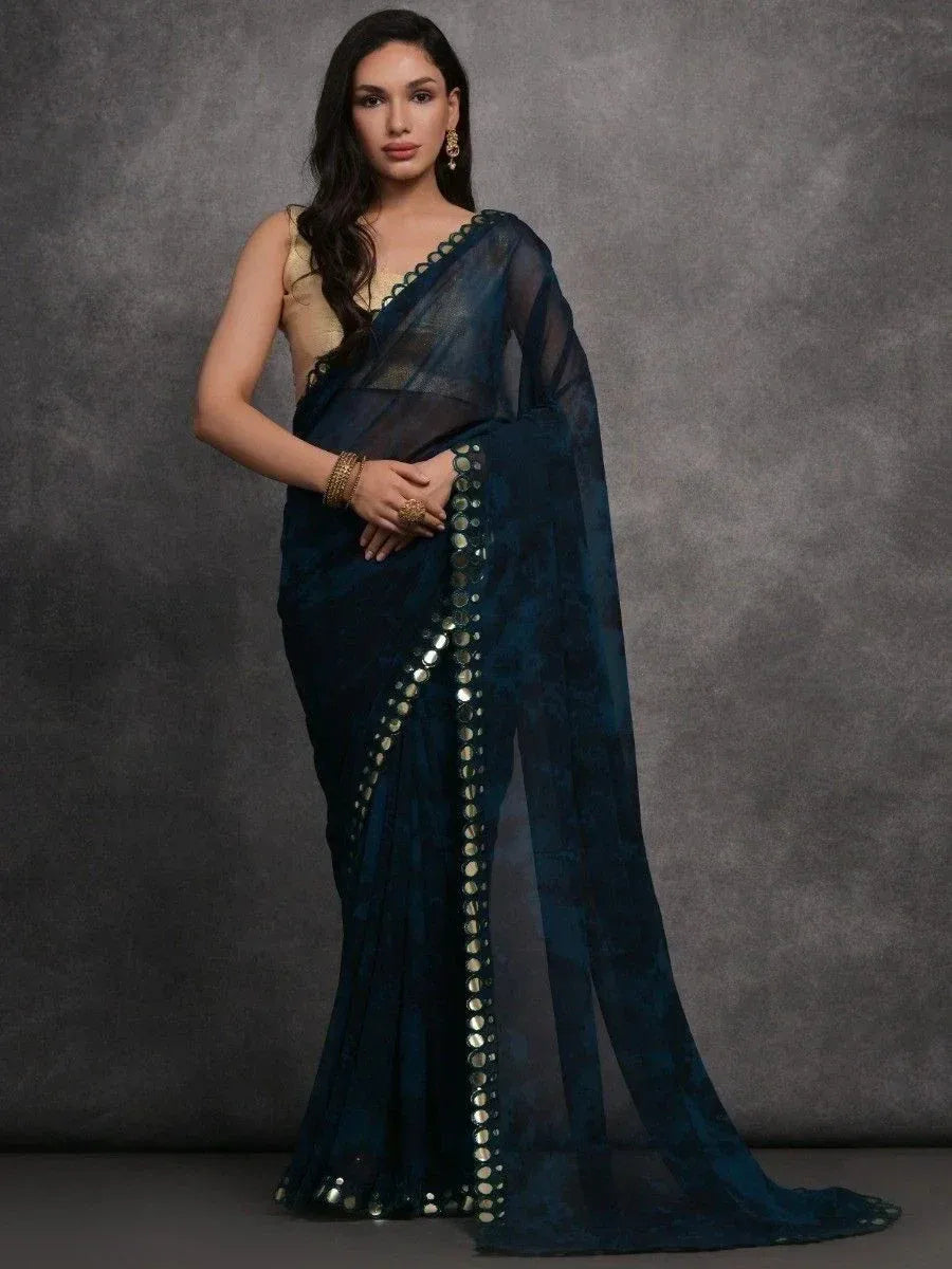 Dark blue designer saree with gold mirror work and sheer blouse, ethnic Indian wear
