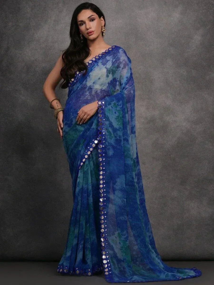 Blue tie-dye saree with mirror work, stylish Indian ethnic wear for women