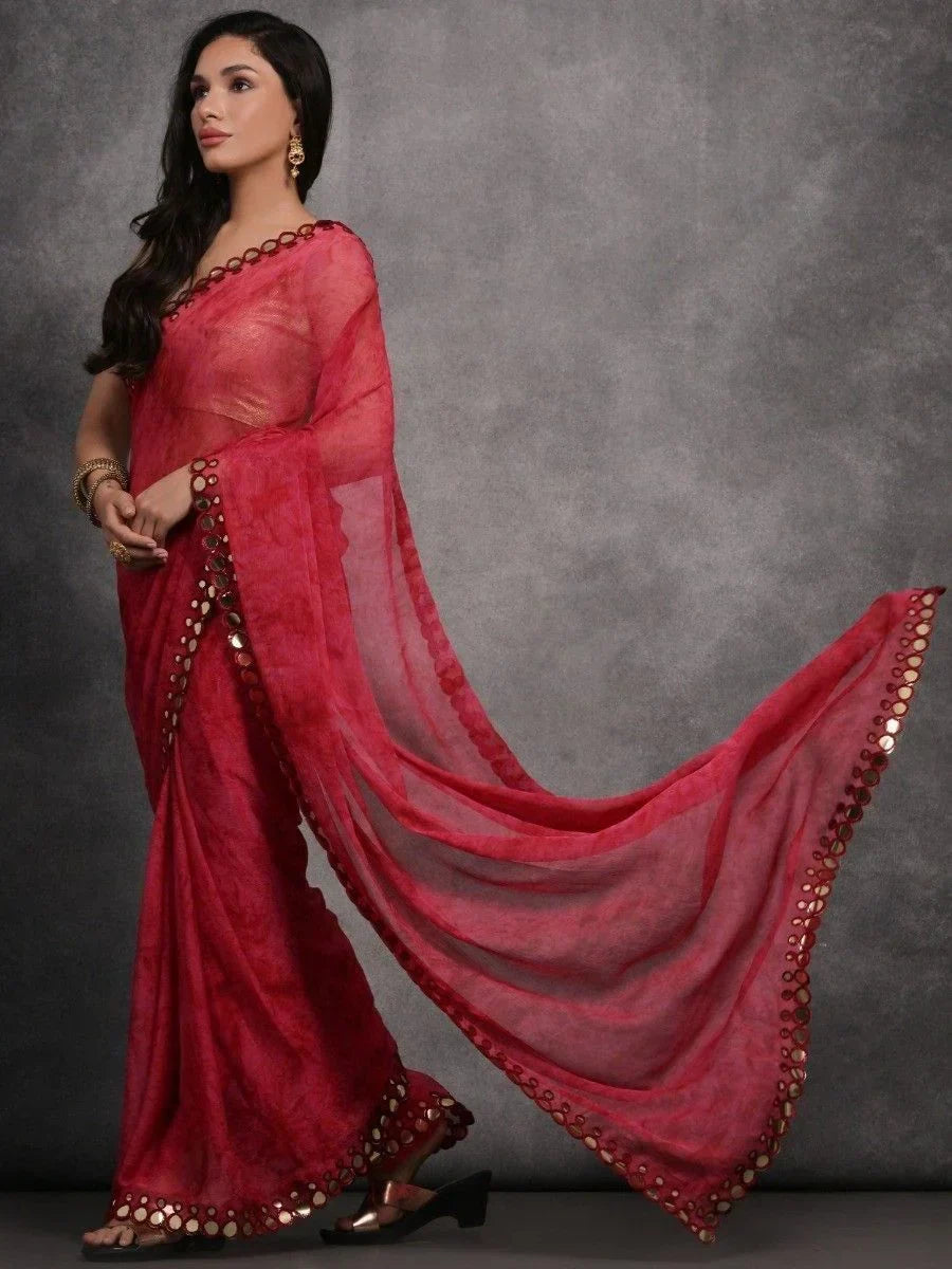 Stunning Pink Shibori Printed Georgette Event Wear Saree With Blouse