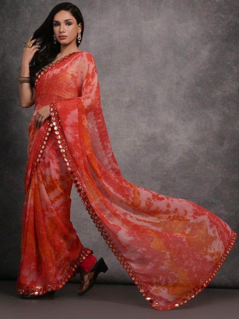 Attractive Red Shibori Printed Georgette Party Wear Saree With Blouse