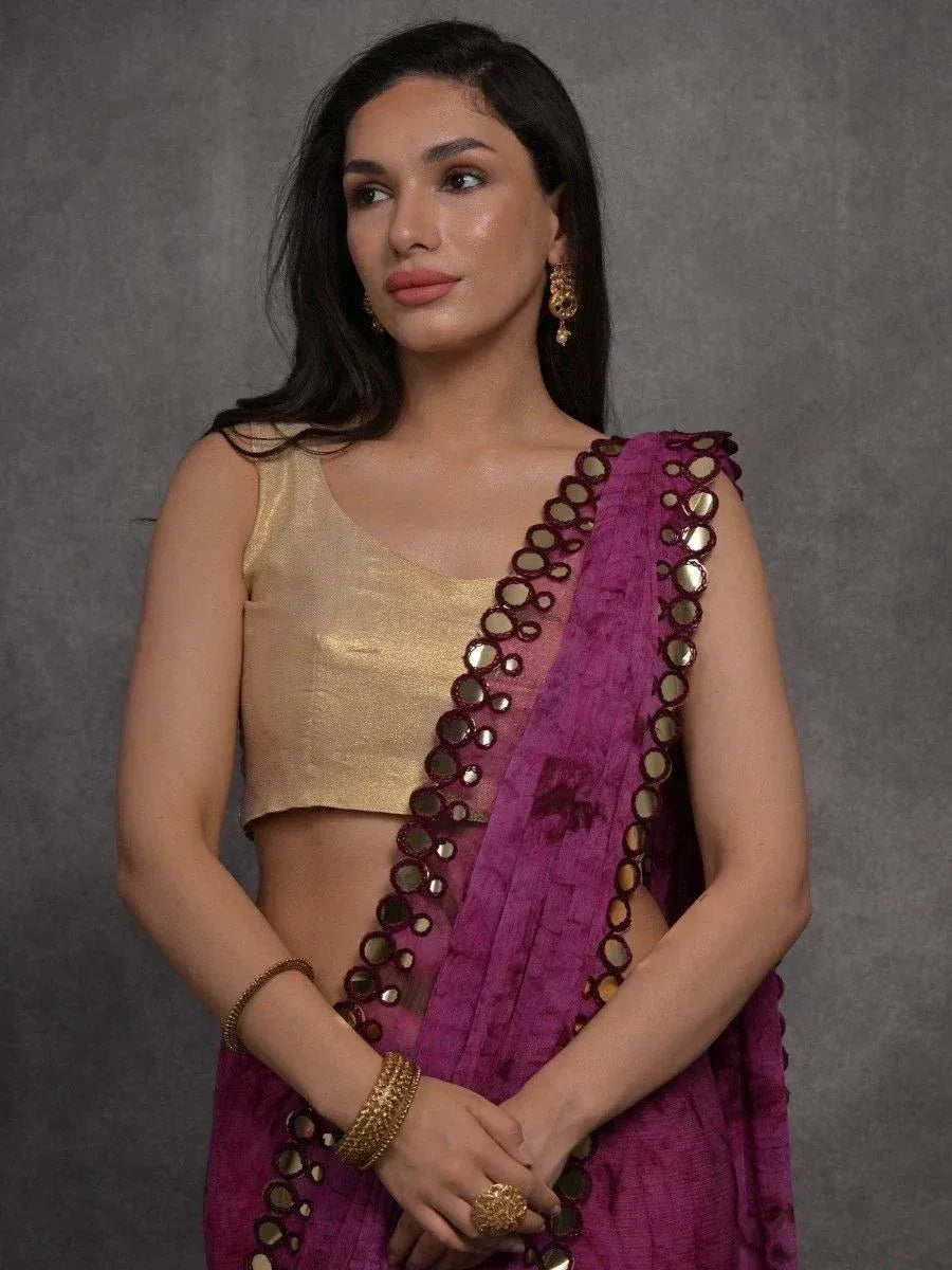 Purple mirror-work saree with gold blouse, ethnic Indian wear for women