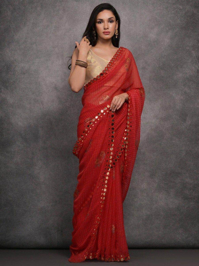 Magnetic Red Digital Printed Georgette Event Wear Saree With Blouse