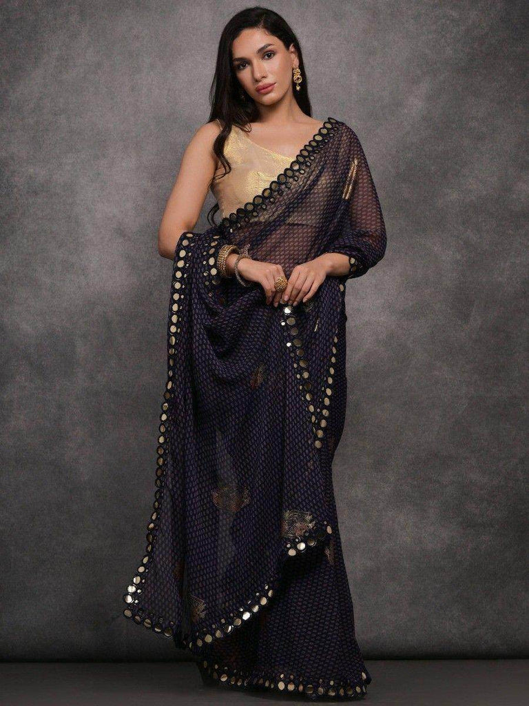 Stunning Navy Blue Foil Printed Georgette Party Wear Saree With Blouse