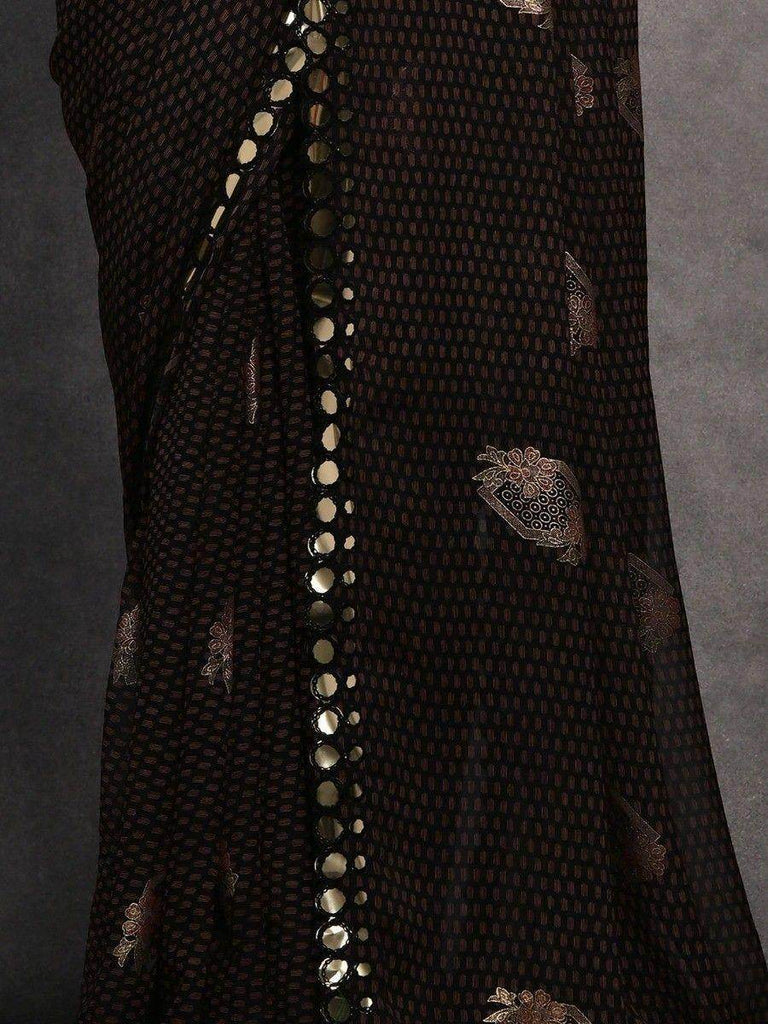 Beautiful Black Foil Printed Georgette Reception Wear Saree With Blouse