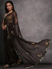 Beautiful Black Foil Printed Georgette Reception Wear Saree With Blouse