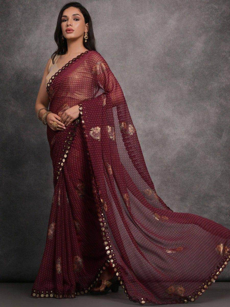 Charming Maroon Foil Printed Georgette Festival Wear Saree With Blouse