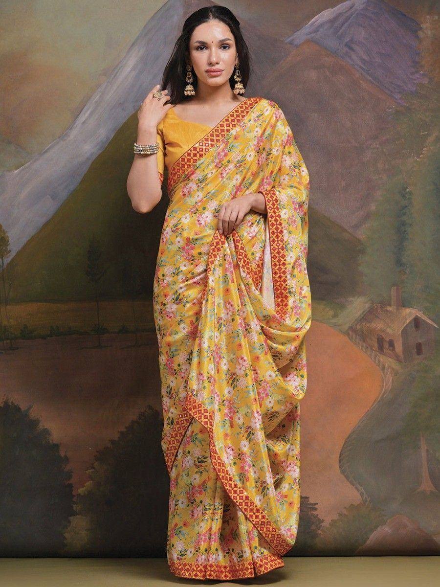 Yellow floral saree with red border, Indian ethnic wear for women