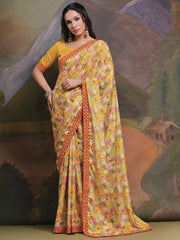 Beautiful Yellow Floral Printed Chinon Haldi Wear Saree With Blouse