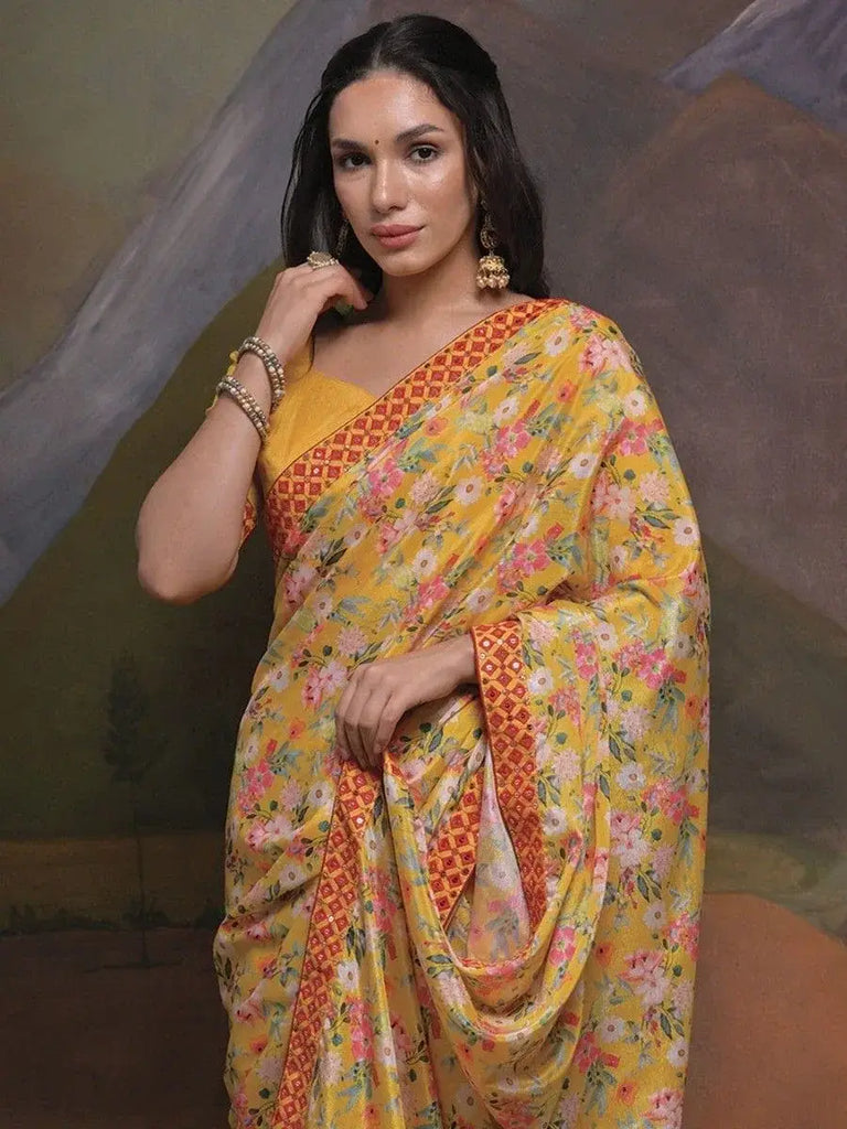 Beautiful Yellow Floral Printed Chinon Haldi Wear Saree With Blouse