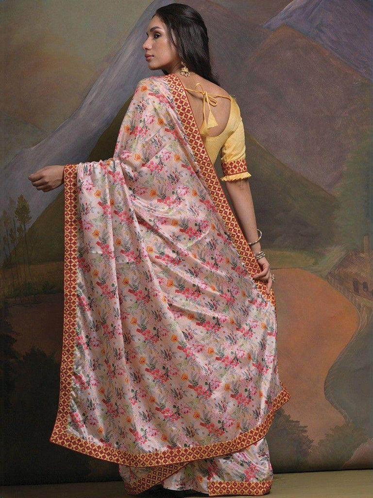 Gorgeous Cream Floral Printed Chinon Function Wear Saree With Blouse