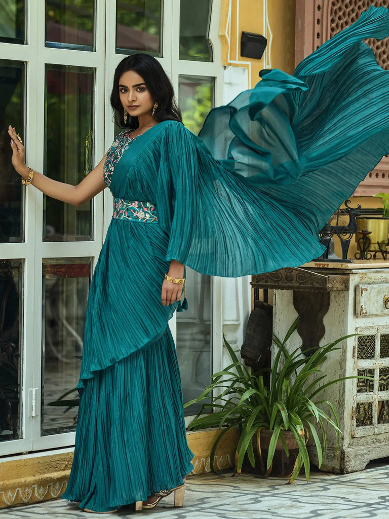 Delightful Teal Blue Chinon Party Wear Saree With Embroidery Blouse