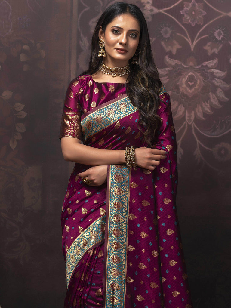 Captivating Purple Zari Weaving Silk Function Wear Saree With Blouse