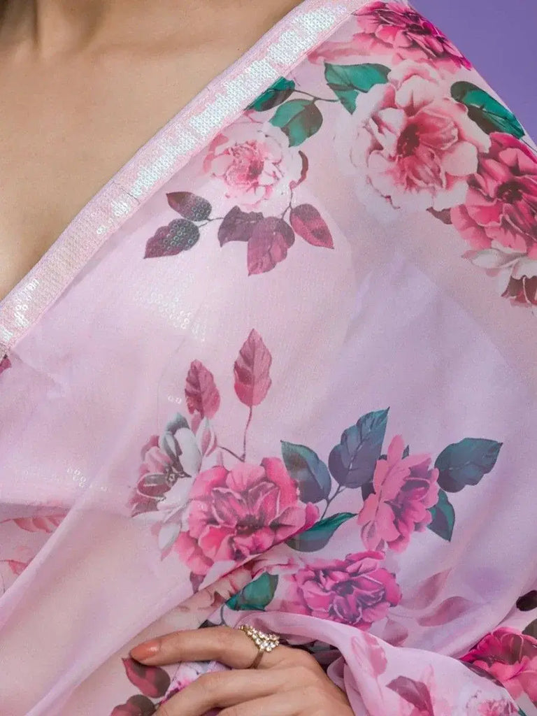 Beautiful Pink Floral Printed Chinon Festival Wear Saree With Blouse