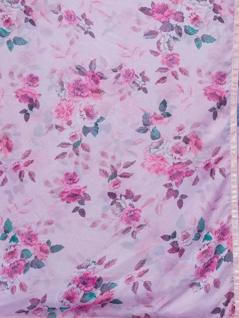 Beautiful Pink Floral Printed Chinon Festival Wear Saree With Blouse