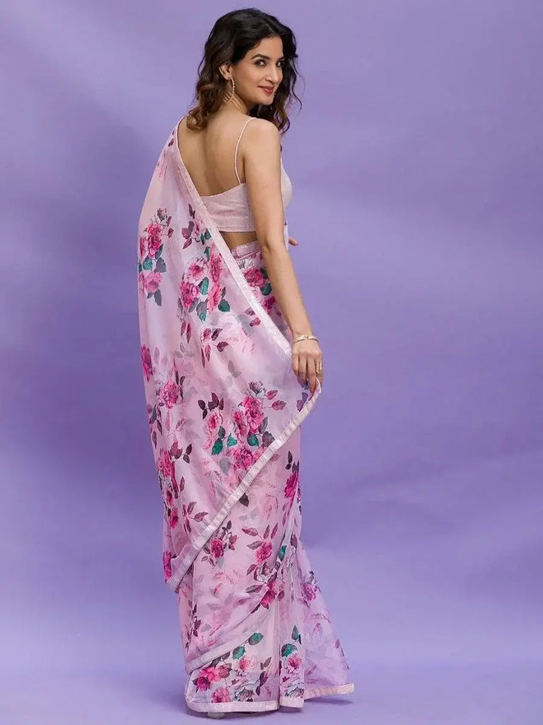 Beautiful Pink Floral Printed Chinon Festival Wear Saree With Blouse