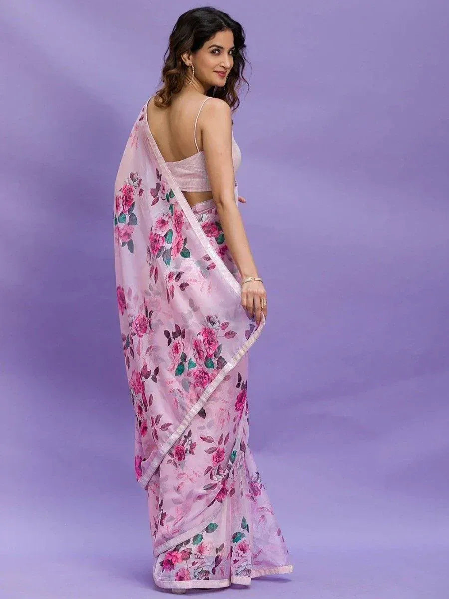 Pink floral print saree with matching blouse, elegant ethnic wear for women