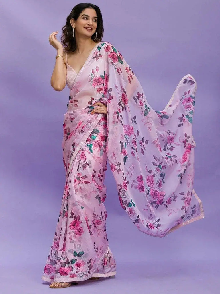 Beautiful Pink Floral Printed Chinon Festival Wear Saree With Blouse