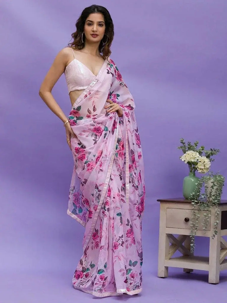 Beautiful Pink Floral Printed Chinon Festival Wear Saree With Blouse