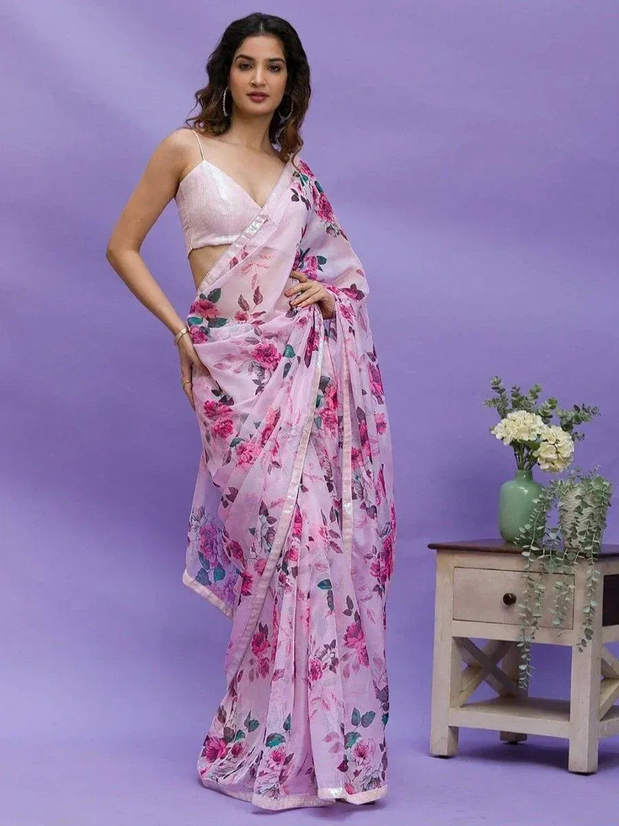 Pink floral print saree with matching blouse, elegant Indian ethnic wear for women