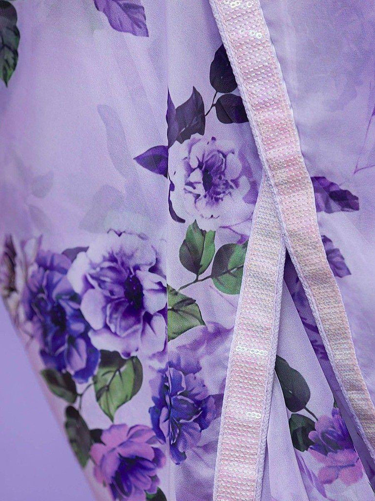 Gorgeous Lavender Floral Printed Chinon Saree With Sequin Blouse