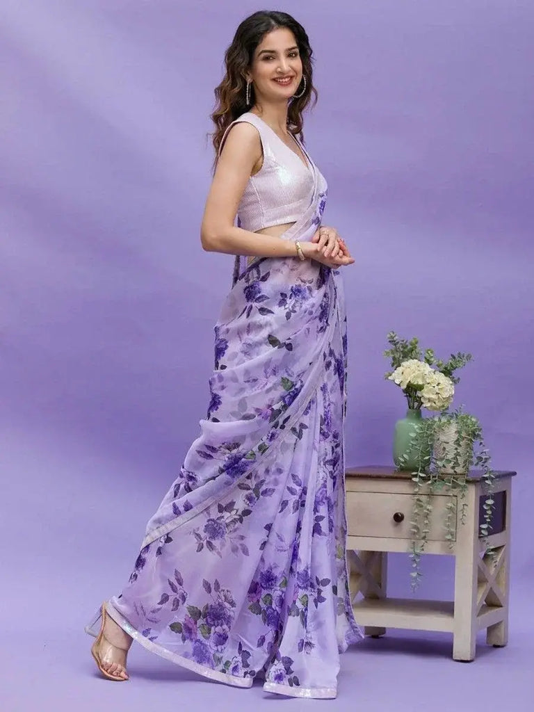 Gorgeous Lavender Floral Printed Chinon Saree With Sequin Blouse