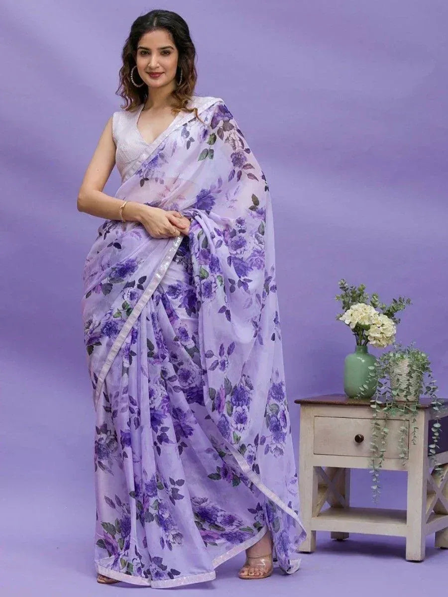 Purple floral print saree with white blouse, elegant ethnic wear for women