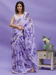 Gorgeous Lavender Floral Printed Chinon Saree With Sequin Blouse