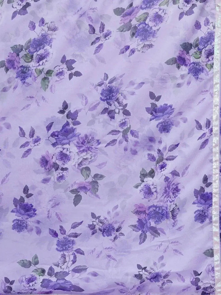 Gorgeous Lavender Floral Printed Chinon Saree With Sequin Blouse