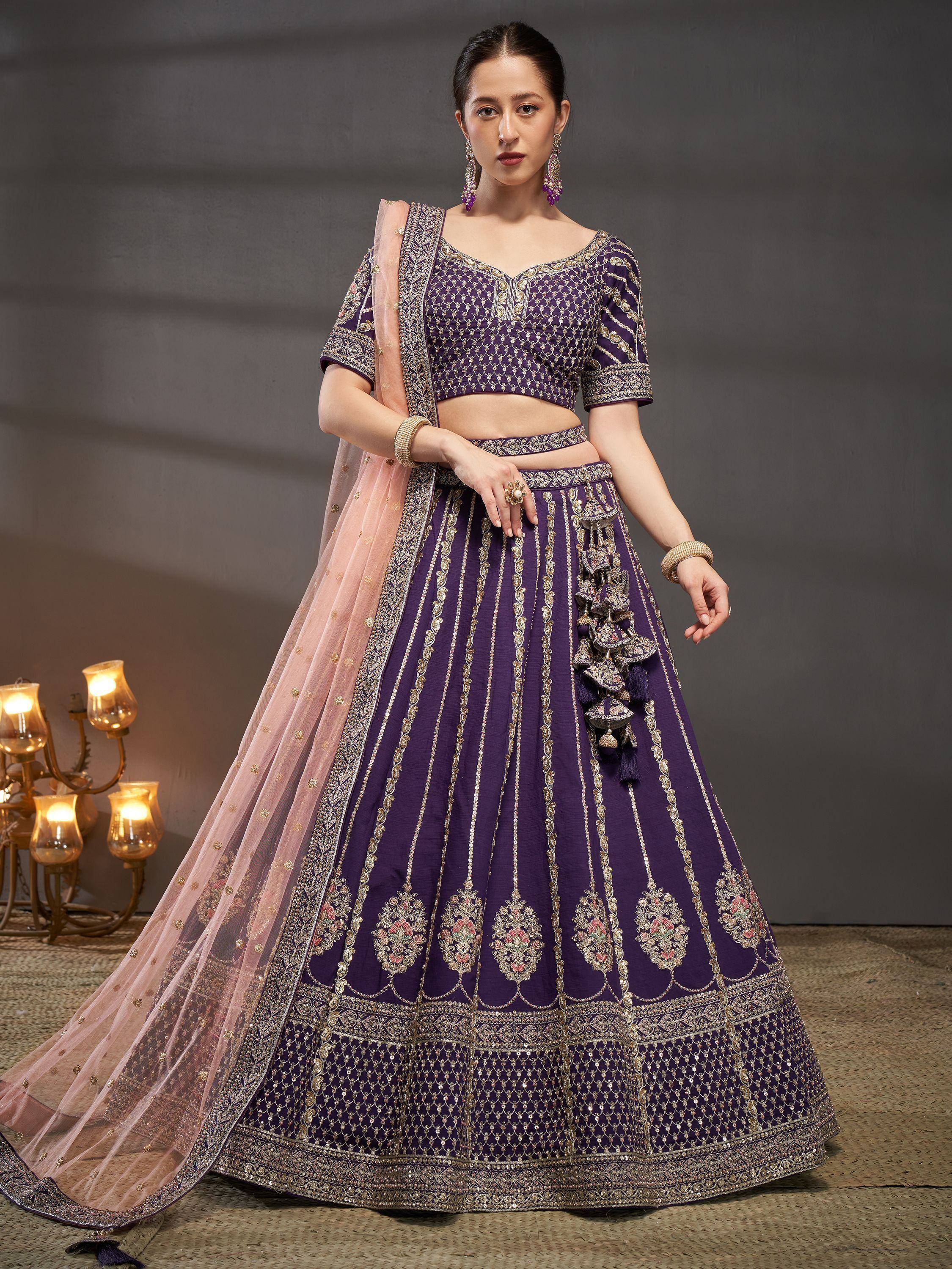 Purple designer lehenga choli with gold embroidery and pink dupatta, Indian ethnic wear