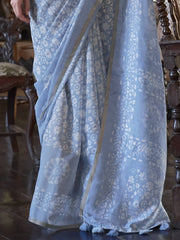 Alluring Sky-Blue Printed Cotton Casual Wear Saree With Blouse