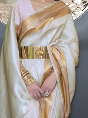 Stunning Off-White Zari Weaving Silk Reception Wear Saree With Blouse