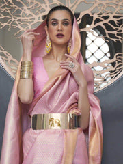Beautiful Pink Zari Woven Silk Traditional Saree With Blouse