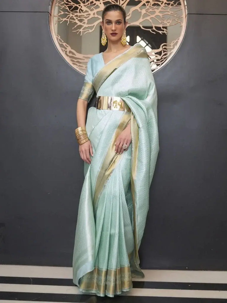 Ravishing Sky-Blue Zari Woven Silk Event Wear Saree With Blouse