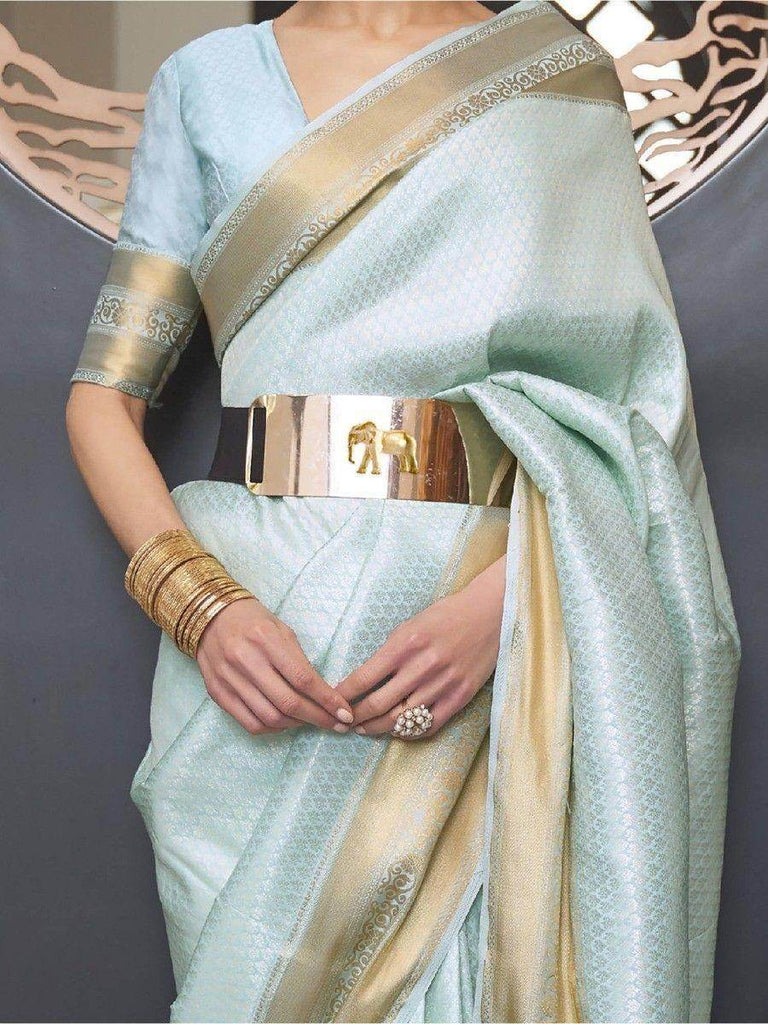 Ravishing Sky-Blue Zari Woven Silk Event Wear Saree With Blouse