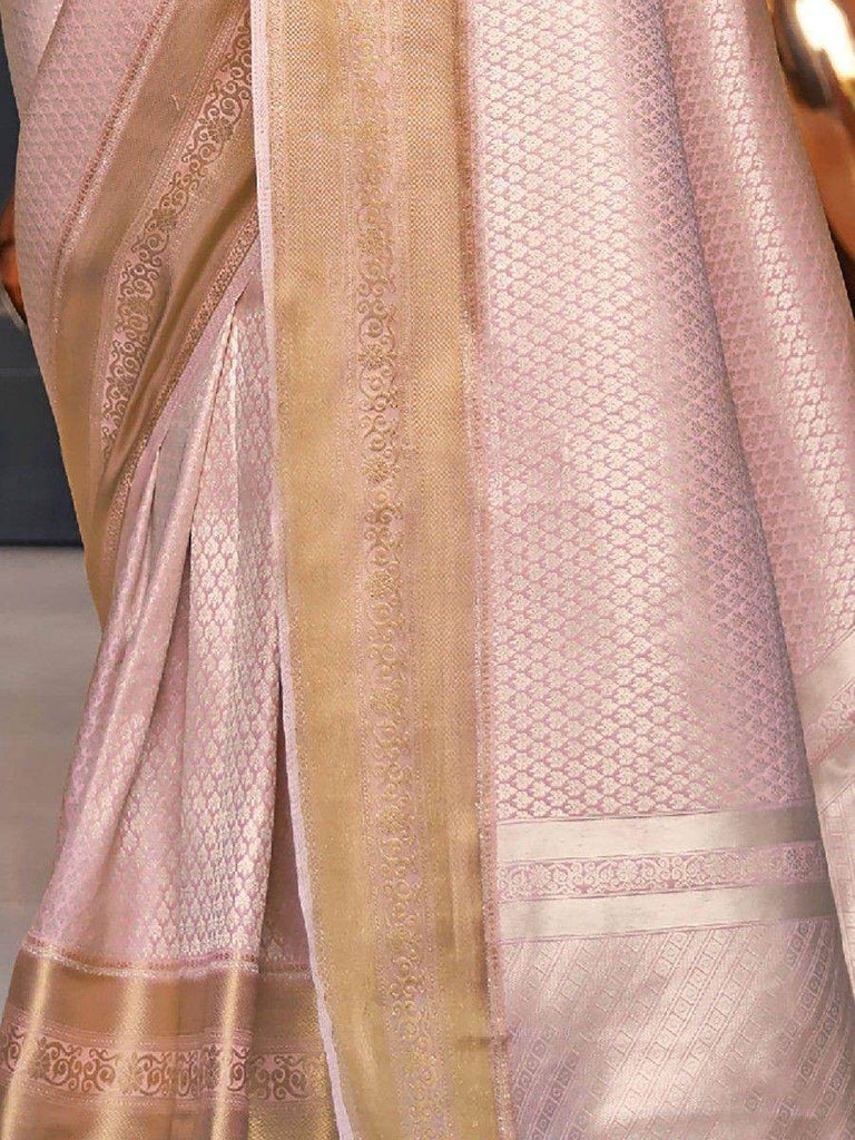 Attractive Peach Zari Weaving Silk Reception Wear Saree With Blouse