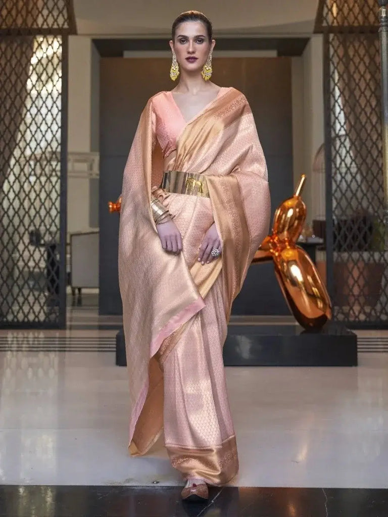 Attractive Peach Zari Weaving Silk Reception Wear Saree With Blouse