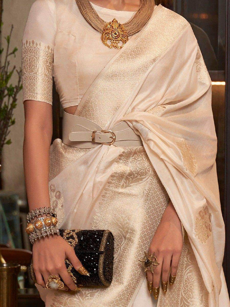 Beautiful Off-White Zari Weaving Georgette Wedding Saree With Blouse