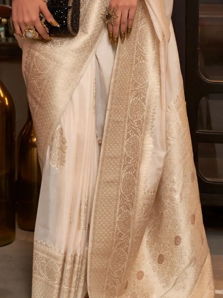Beautiful Off-White Zari Weaving Georgette Wedding Saree With Blouse