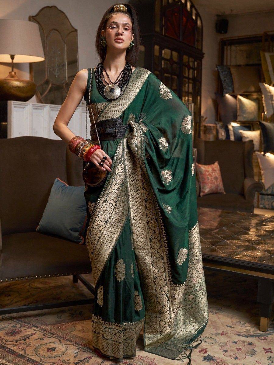 Emerald green designer saree with gold embroidery, perfect for Indian ethnic wear occasions