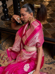 Charming Pink Zari Woven Georgette Event Wear Saree With Blouse