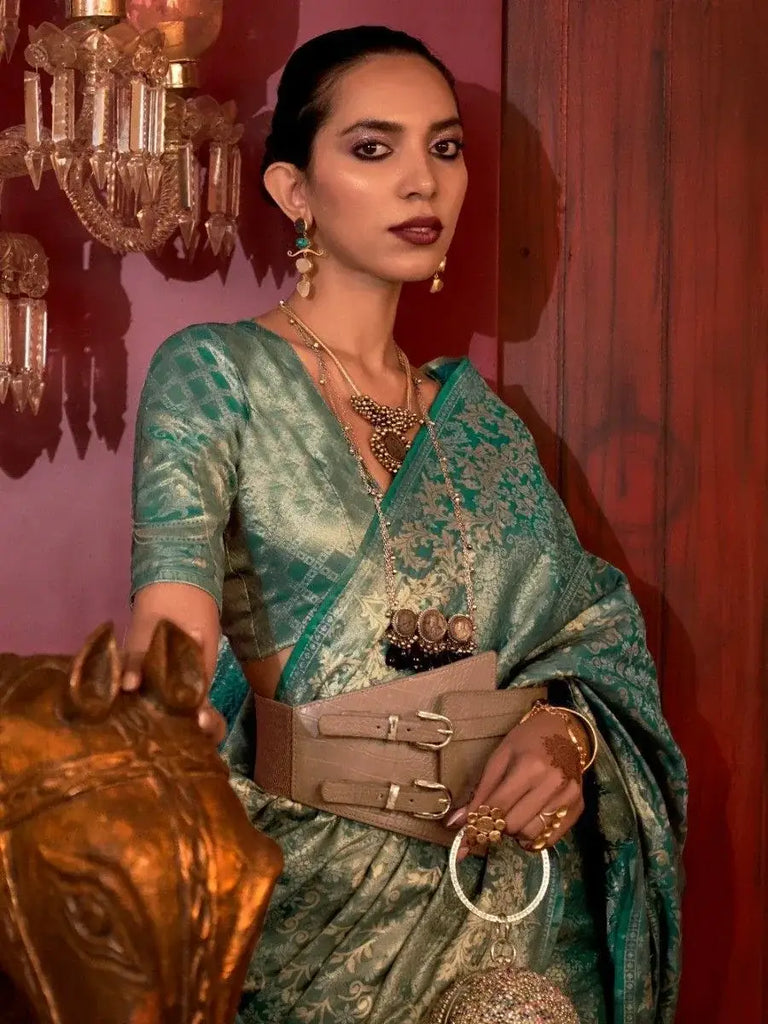 Beautiful Aqua Blue Zari Weaving Silk Reception Wear Saree With Blouse